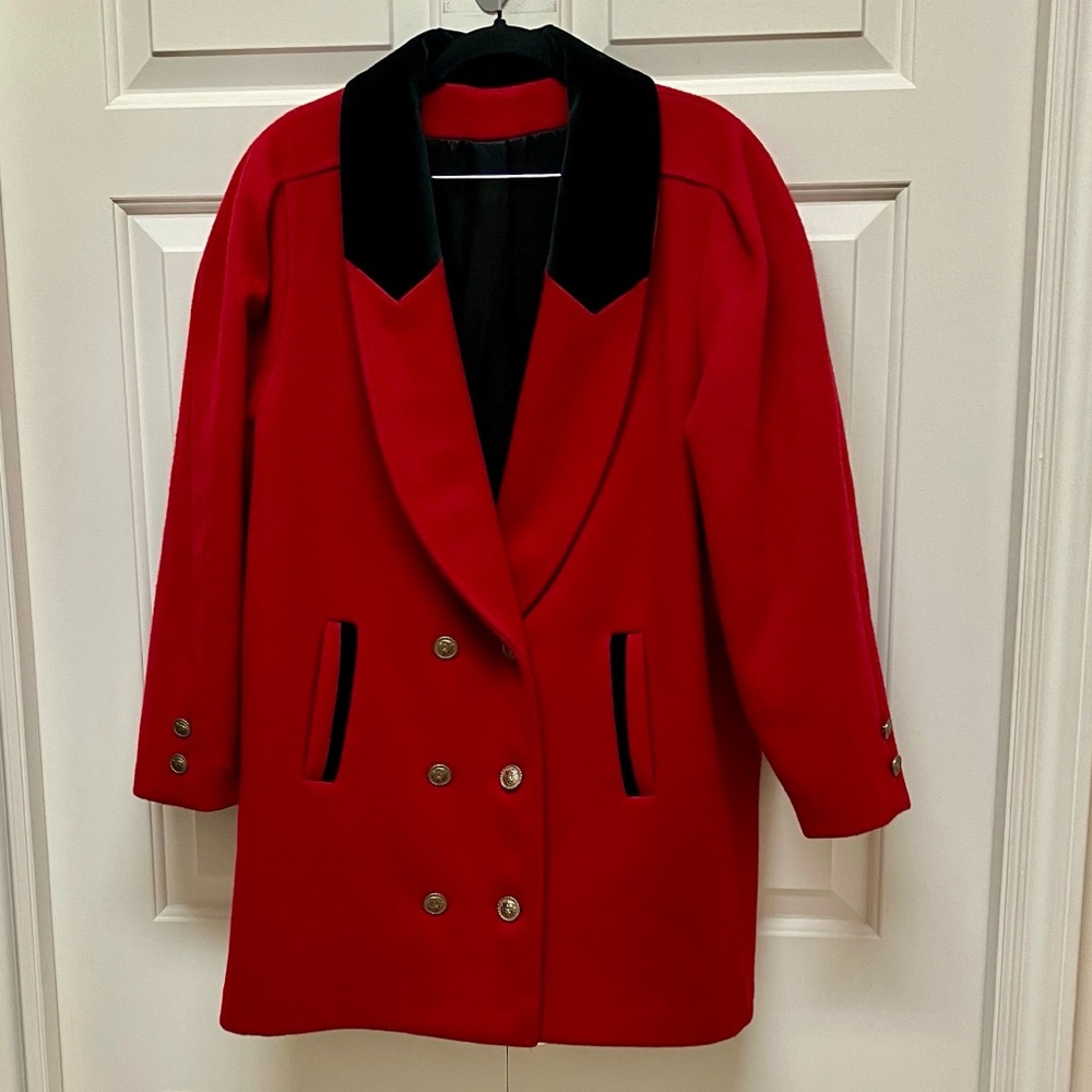 Petite Vintage Jeremy Scott double breasted pea coat, wool & velvet, red, black